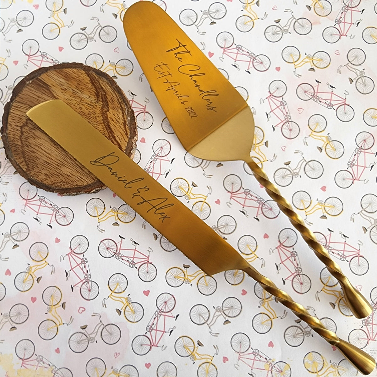 Personalized Wedding Cake Knife, Server and Fork Set Gold Wedding Ca