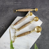 Wood and Steel Measuring Spoons Set - Gold Finish with brass inlay handles - 1 Table spoon to 1/4 Tea Spoon - Wooden Baking Tools - Gift Box