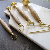 Wood and Steel Measuring Spoons Set - Gold Finish with brass inlay handles - 1 Table spoon to 1/4 Tea Spoon - Wooden Baking Tools - Gift Box