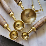 Wood and Steel Measuring Spoons Set - Gold Finish with brass inlay handles - 1 Table spoon to 1/4 Tea Spoon - Wooden Baking Tools - Gift Box