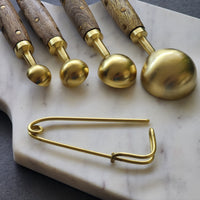 Wood and Steel Measuring Spoons Set - Gold Finish with brass inlay handles - 1 Table spoon to 1/4 Tea Spoon - Wooden Baking Tools - Gift Box