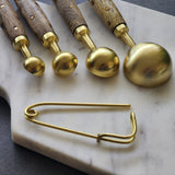 Wood and Steel Measuring Spoons Set - Gold Finish with brass inlay handles - 1 Table spoon to 1/4 Tea Spoon - Wooden Baking Tools - Gift Box