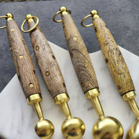 Wood and Steel Measuring Spoons Set - Gold Finish with brass inlay handles - 1 Table spoon to 1/4 Tea Spoon - Wooden Baking Tools - Gift Box