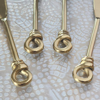 Gold Personalized Twist Knot Handles Cheese Knives Set - Laser Engraved Handmade Spreader Knives - Rustic finish handles - Gift Boxed