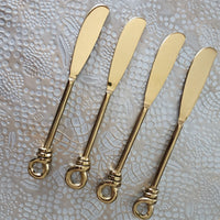 Gold Personalized Twist Knot Handles Cheese Knives Set - Laser Engraved Handmade Spreader Knives - Rustic finish handles - Gift Boxed