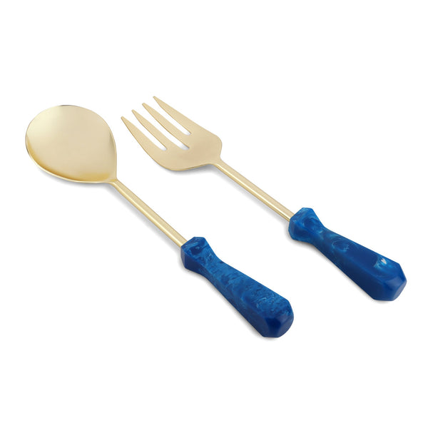 2-Piece Salad Serving Set - Salad Spoon/Fork - Artisan Handmade - Blue/Gold Stainless Steel - Gift Boxed