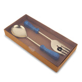 2-Piece Salad Serving Set - Salad Spoon/Fork - Artisan Handmade - Blue/Gold Stainless Steel - Gift Boxed