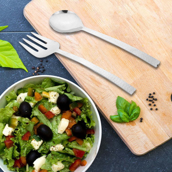 2-Piece Salad Serving Set - Salad Spoon/Fork - Artisan Handmade - Hammered Stainless Steel - Gift Boxed
