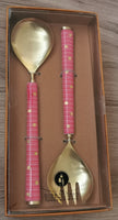 Gold and Pink Salad Server Set - Spoon and Fork - Brass handles - Hand Applied Decal - Gift Box Ready