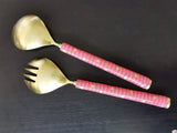 Gold and Pink Salad Server Set - Spoon and Fork - Brass handles - Hand Applied Decal - Gift Box Ready