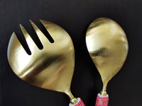 Gold and Pink Salad Server Set - Spoon and Fork - Brass handles - Hand Applied Decal - Gift Box Ready