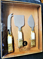 Festive Personalized Cheese Knife Set - Brass Knives - Hand Carved - Mother of Pearl Embedded - 3 piece Gold Cheese Knives - Gift Boxed