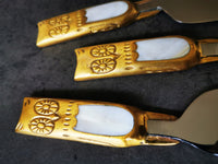 Festive Personalized Cheese Knife Set - Brass Knives - Hand Carved - Mother of Pearl Embedded - 3 piece Gold Cheese Knives - Gift Boxed