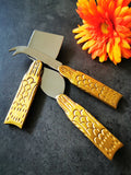 Festive Personalized Cheese Knife Set - Brass Knives - Hand Carved - Mother of Pearl Embedded - 3 piece Gold Cheese Knives - Gift Boxed