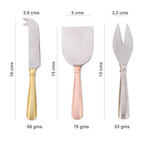3 Piece Cheese Knife Set - Rose Gold, Silver and Gold Handles - Matte Silver Cheese Knives Blades - Artisan Handmade - Gift Boxed