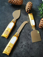 Festive Personalized Cheese Knife Set - Brass Knives - Hand Carved - Mother of Pearl Embedded - 3 piece Gold Cheese Knives - Gift Boxed