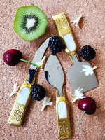 Festive Personalized Cheese Knife Set - Brass Knives - Hand Carved - Mother of Pearl Embedded - 3 piece Gold Cheese Knives - Gift Boxed