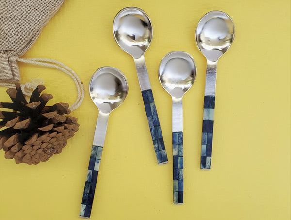 Dessert Spoon, Tea Spoon, Coffee Spoon, Ice-Cream Spoon  - Dyed Bone Inlay work on Handles - Artisan Handmade - Gift Boxed