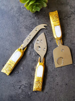 Festive Personalized Cheese Knife Set - Brass Knives - Hand Carved - Mother of Pearl Embedded - 3 piece Gold Cheese Knives - Gift Boxed
