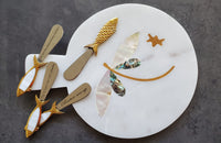 Marble Charcuterie Board - Serving Platter with Abalone shell and Mother-of-pearl inlay - Brass Cheese Knives with Mother Of Pearl