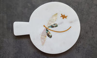 Marble Charcuterie Board - Serving Platter with Abalone shell and Mother-of-pearl inlay - Brass Cheese Knives with Mother Of Pearl