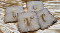 Natural Agate Coasters - 2 Large Gold Monogrammed Agate Coasters with electroplated edge - Personalized Coaster set - Luxury Handmade Gift