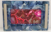 Luxurious Natural Agate Stone Tray - Blue, Red and Pink Tone - Personalized Agate Charcuterie Board with Gold Monogram - Minimalist Handles