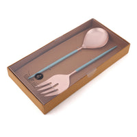 Rose Gold Salad Server Set - Serving Spoon and Fork - Beautiful Teal Enameled Handles - Artisan Handmade - Gift Box Ready