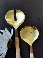 Unique Gold Serving Spoon Set - Rattan-Wrapped Handles - Spoon and Fork - Artisan Handmade - Housewarming Gift