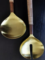 Unique Gold Serving Spoon Set - Rattan-Wrapped Handles - Spoon and Fork - Artisan Handmade - Housewarming Gift