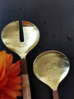Unique Gold Serving Spoon Set - Rattan-Wrapped Handles - Spoon and Fork - Artisan Handmade - Housewarming Gift