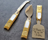 Festive Personalized Cheese Knife Set - Brass Knives - Hand Carved - Mother of Pearl Embedded - 3 piece Gold Cheese Knives - Gift Boxed