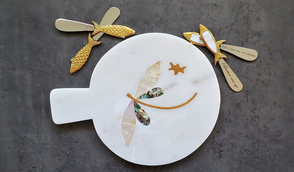 Marble Charcuterie Board - Serving Platter with Abalone shell and Mother-of-pearl inlay - Brass Cheese Knives with Mother Of Pearl