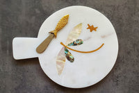 Marble Charcuterie Board - Serving Platter with Abalone shell and Mother-of-pearl inlay - Brass Cheese Knives with Mother Of Pearl