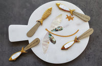 Marble Charcuterie Board - Serving Platter with Abalone shell and Mother-of-pearl inlay - Brass Cheese Knives with Mother Of Pearl