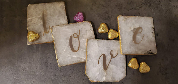 Natural Agate Coasters - 2 Large Gold Monogrammed Agate Coasters with electroplated edge - Personalized Coaster set - Luxury Handmade Gift