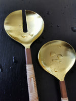 Unique Gold Serving Spoon Set - Rattan-Wrapped Handles - Spoon and Fork - Artisan Handmade - Housewarming Gift