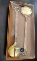 Unique Gold Serving Spoon Set - Rattan-Wrapped Handles - Spoon and Fork - Artisan Handmade - Housewarming Gift