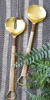 Unique Gold Serving Spoon Set - Rattan-Wrapped Handles - Spoon and Fork - Artisan Handmade - Housewarming Gift