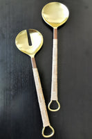 Unique Gold Serving Spoon Set - Rattan-Wrapped Handles - Spoon and Fork - Artisan Handmade - Housewarming Gift