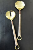 Unique Gold Serving Spoon Set - Rattan-Wrapped Handles - Spoon and Fork - Artisan Handmade - Housewarming Gift