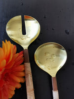 Unique Gold Serving Spoon Set - Rattan-Wrapped Handles - Spoon and Fork - Artisan Handmade - Housewarming Gift