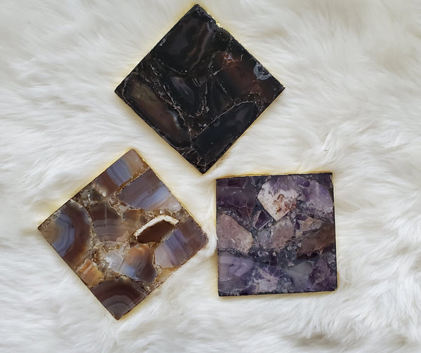 3 Assorted Natural Agate Coasters - Large Gold Monogrammed Agate Coasters with Gold Edges - Personalized Dark Square Coaster set - Handmade