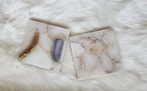 2 Assorted Natural Agate Coasters - Large Gold Monogrammed Agate Coasters with marble base - Personalized Square Coaster set - Handmade