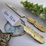 Personalized Gold Wedding Cake Knife and Server Set - Custom Cake Knife and Cake Shovel Set - Artisan Handmade Dessert Set -Gold Cake Server