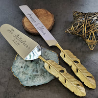 Personalized Gold Wedding Cake Knife and Server Set - Custom Cake Knife and Cake Shovel Set - Artisan Handmade Dessert Set -Gold Cake Server