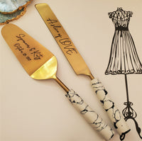 Gold Wedding Cake Knife and Server Set - Personalized White Wedding Cake Cutter - Engraved Wedding Server - Custom Wedding Gift
