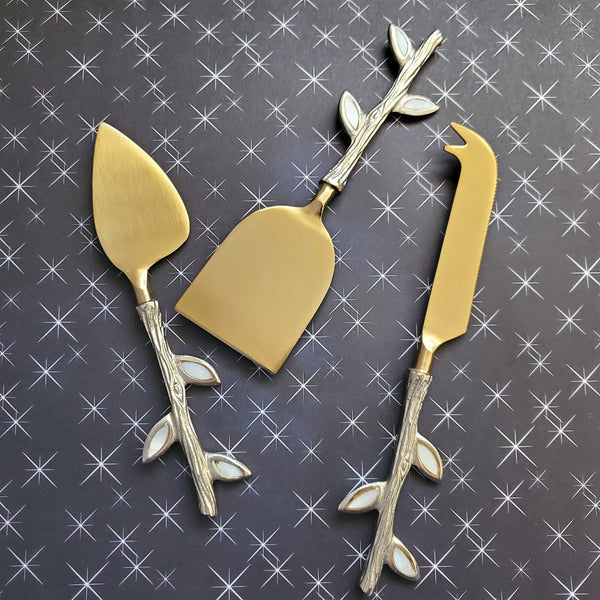 Luxurious Personalized Cheese Knife Set - Mother of Pearl Inlay twig handle - Shiny Gold Blades -  Charcuterie Board Essentials - Gift Boxed