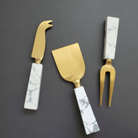 Marble Handle Cheese Knife Set - Cheese Fork, Knife and Shovel - Gold Cheese Knives Blades  - Charcuterie Board Tools - Gift Boxed