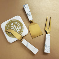 Marble Handle Cheese Knife Set - Cheese Fork, Knife and Shovel - Gold Cheese Knives Blades  - Charcuterie Board Tools - Gift Boxed